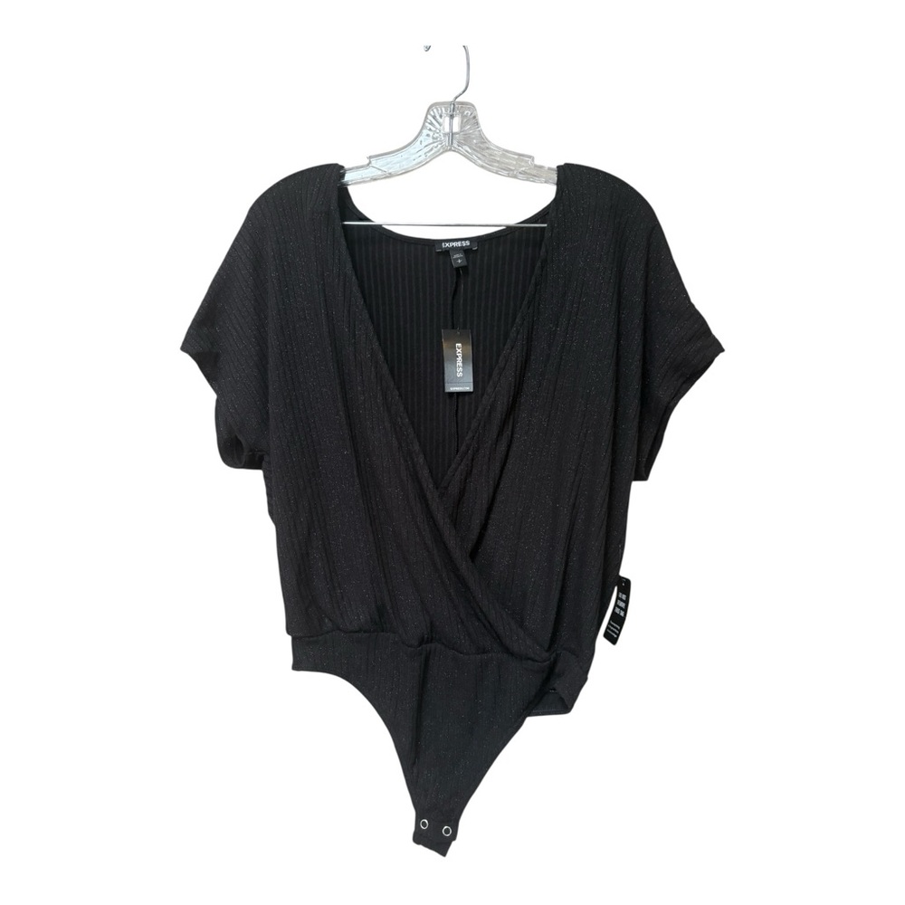 NWT Express Black Wrap Bodysuit Small Ribbed V Neck Shimmer Top